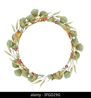 Illustration dessinée à la main d'une couronne circulaire de feuilles et de baies d'automne Banque D'Images