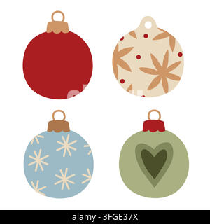 Ornements de sapin de Noël dessinés à la main, illustrations décoratives avec différents motifs pour la décoration saisonnière hivernale ou l'emballage Illustration de Vecteur