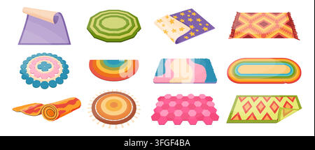 Tapis de sol. Rouleau de moquette, chiffon de porte ou de nettoyage pour un intérieur douillet. Textures de décoration en laine tissée et motifs boho, laine ronde dans l'assortiment intérieur. Illustration vectorielle plate de style cartoon isolée Illustration de Vecteur