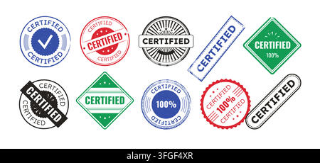 Tampon en caoutchouc. Logo de qualité de sceau, emblème de garantie circulaire ou marque rouge grunge. Symbole rectangulaire ou circulaire. Signe de vérification certifié, contrôle des normes de qualité, symbole officiel. Icônes vectorielles isolées Illustration de Vecteur