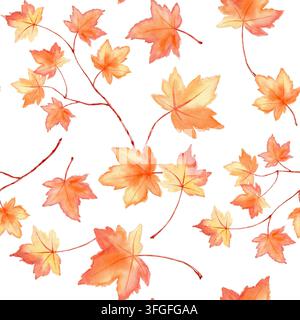 Motif sans couture aquarellé avec feuilles d'érable et branches d'automne sur fond blanc. Imprimé répétitif dessiné à la main pour Thanksgiving, fête des récoltes Banque D'Images