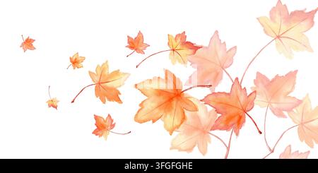 Feuilles d'érable à l'aquarelle flottant dans le vent en automne, composition bannière. Illustration botanique dessinée à la main de feuillage orange pour Thanksgiving Banque D'Images