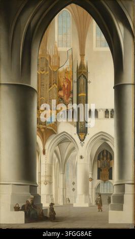 Peinture historique de l'intérieur de la Sint Bavokerk à Haarlem par Pieter Jansz. Saenredam, le 15 avril 1636, représentant l'intérieur de l'église gothique vu à travers le chœur et l'ambulatoire, avec le grand orgue et des figures sous des arches s'élevant vers le ciel. Banque D'Images
