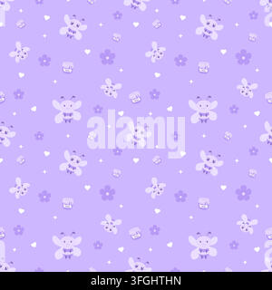 Motif pastel violet sans couture mignon mettant en vedette des abeilles adorables, des pots de miel, des fleurs, des cœurs et de minuscules étincelles. Design rêveur et ludique pour tissu, papier peint Illustration de Vecteur