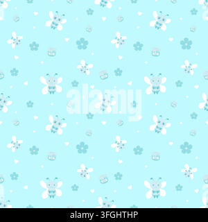 Motif sans couture cyan clair mignon mettant en vedette des abeilles adorables, des pots de miel, des fleurs, des cœurs et de minuscules paillettes. Design pastel frais et joyeux pour tissu, Illustration de Vecteur