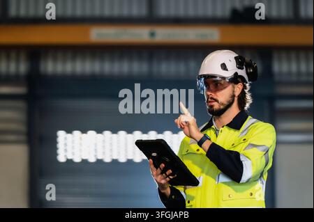 Ingénieur industriel portant des vestes de sécurité pointant à l'intérieur d'une usine tout en utilisant une tablette numérique. Concept de transition des opérations vers une usine intelligente s Banque D'Images