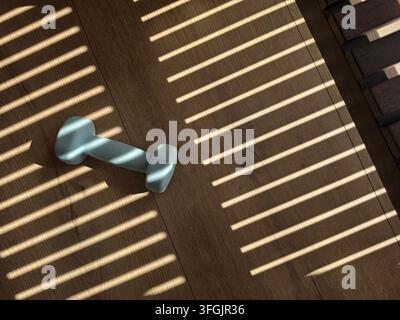 Un haltère de fitness bleu clair unique reposant sur un sol en bois illuminé par une lumière solaire vive avec des ombres rayées créatives provenant des stores de fenêtre Banque D'Images