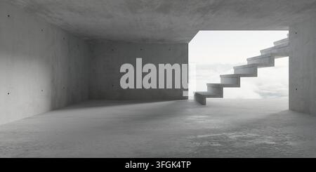 Espace moderne en béton vide et abstrait avec escaliers et vue montagneuse nuageuse - modèle de fond intérieur industriel, illustration 3D Banque D'Images