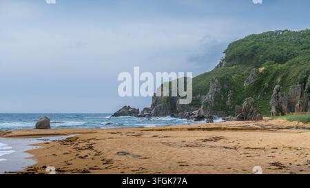 Belle plage de sable sur la mer du Japon en Primorié, Russie, avec un sable jaune chaud, une eau azur claire et des vagues douces Banque D'Images