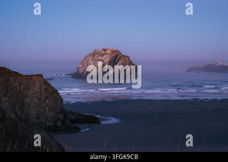 Vue du Face Rock au lever du soleil avec une lumière matinale douce éclairant l'îlot rocheux et la plage de sable à Bandon, Oregon, États-Unis. Banque D'Images