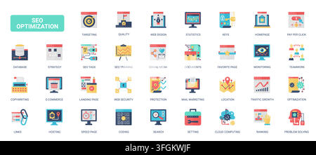 Symboles colorés d'optimisation SEO couvrant l'analyse, le classement, la conception web, la sécurité, les liens et la croissance du trafic pour les flux de travail de marketing numérique, ensemble d'icônes plates illustration vectorielle Illustration de Vecteur