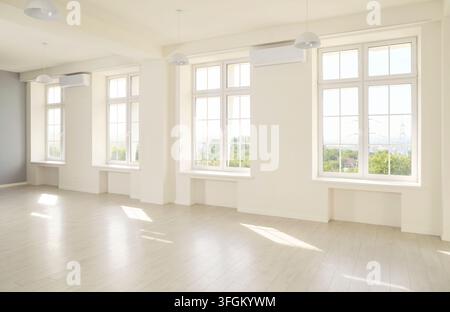 Intérieur de studio blanc vide baigné de soleil avec de grandes fenêtres et un espace au sol en bois Banque D'Images