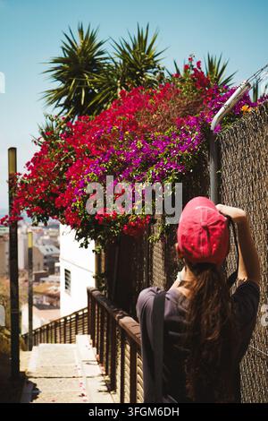 Vue arrière d'une femme marchant le long d'un sentier ensoleillé sur une colline entourée de bougainvillées colorées et de végétation méditerranéenne à Alicante, en Espagne, en juin Banque D'Images