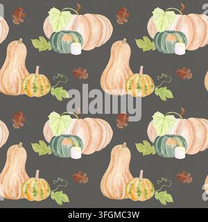 Citrouilles, courge butternut, courges vertes, bougies, feuilles de chêne, vignes. Motif aquarelle sans couture sur gris parfait pour Thanksgiving, emballage saisonnier Banque D'Images