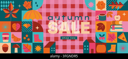 Affiche géométrique pour solde d'automne. Bannière horizontale de réduction avec symboles d'automne – citrouille, parapluie, café, tarte et couverture à carreaux roses. Conception pour impression, web, promotion, prospectus, affiches, publicité, ventes. Vecteur. Illustration de Vecteur