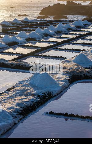 Bassins d'évaporation de sel avec des tas de sel blanc et une réflexion d'eau rose à Salinas de Fuencaliente pendant l'heure dorée Banque D'Images