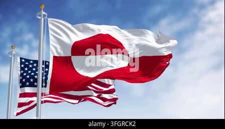 Drapeaux du Groenland et des États-Unis agitant au vent par temps clair. Le Groenland est la plus grande île du monde. rendu d'illustration 3d. Tissu ondulé - photomontage Banque D'Images