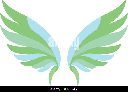Illustration plate d'une paire de ailes emplumées gracieuses en bleu vert et menthe pâle avec des plumes extérieures doucement superposées Illustration de Vecteur