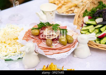 Un plat de service décoratif arrangé avec divers charcuteries tranchées, viande roulée, salami et olives vertes. Persil frais et légumes tranchés Banque D'Images