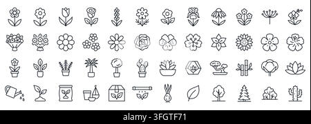 Ensemble d'icônes linéaires de fleurs et plantes. Rose, tulipe, lavande, marguerite, tournesol, lotus, cactus, succulente, bonsaï et outils de jardinage vectoriels minimaux linéaires Illustration de Vecteur