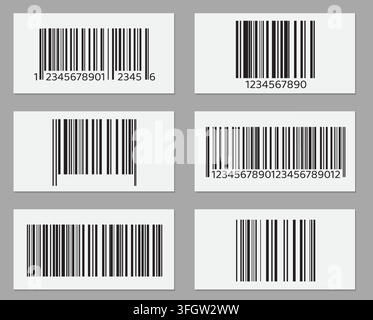 Ensemble de designs de codes-barres avec numéros de série et format EAN. Illustration vectorielle de signes pour l'identification des produits, étiquettes de prix, étiquettes d'expédition, supports de marque professionnels, scanner d'expédition Illustration de Vecteur
