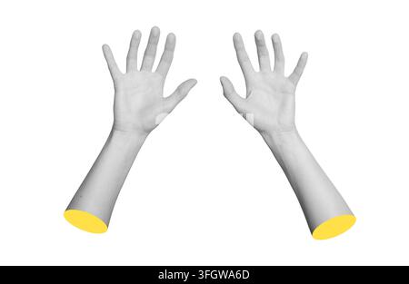 Vue en niveaux de gris par le bas de deux mains tapant sur une surface de clavier invisible. Posture monochrome de la paume représentant la saisie virtuelle, l'entrée technologique ou Banque D'Images