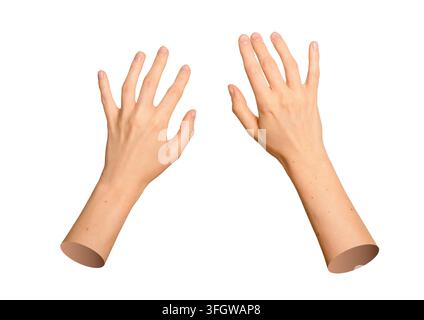 Perspective de dessus de deux mains caucasiennes tapant sur un espace vide. Configuration naturelle des membres de la peau pour la saisie sur bureau virtuel, les contrôles de jeu ou le travail à distance Banque D'Images