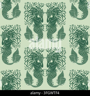 Motif damassé sans couture avec des silhouettes de sirènes vert sauge miroir tenant des coquillages sur un fond vert sauge. Art nouveau nautique orné vintage Illustration de Vecteur