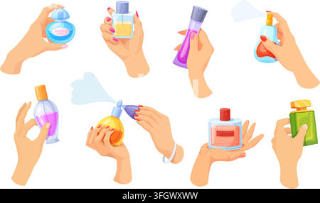 Les mains tiennent du parfum. Une femme applique du spray de parfum sur son corps, eau aromatique dans le bras féminin parfum naturel flacon en verre eau de Cologne flacon parfum rose pompe parfumerie, illustration vectorielle soignée œuvre originale Illustration de Vecteur