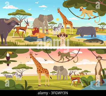 Animaux de la savane dans la nature. Paysage de dessin animé d'un parc safari africain, lion éléphant zèbre girafe hippopotame crocodile savane arbre étang d'eau zoo scène nature illustration vectorielle œuvre originale Illustration de Vecteur