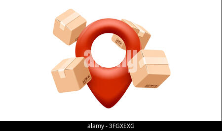 Concept de lieu de livraison avec une épingle rouge sur la carte et des cartons. Illustration vectorielle de service de logistique d'expédition. Illustration de Vecteur