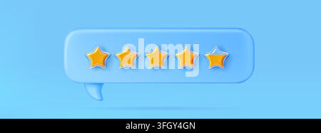 Icône de notation 3D à cinq étoiles avec bulle de notation bleue pour les enquêtes de feedback client. Symbole de score de satisfaction vectoriel avec étoiles jaunes, badge d'évaluation de qualité, application hôtelière ou interface utilisateur de jeu en style plastique Illustration de Vecteur