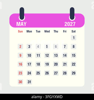 Icône de calendrier mensuel pour mai 2027, illustration vectorielle de style plat Illustration de Vecteur