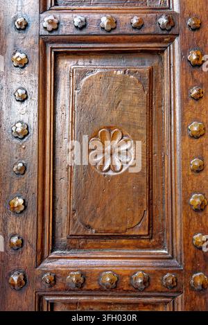 Vue rapprochée d'un panneau de porte en bois brun antique présentant un motif central de rosette florale sculptée et une bordure de clous décoratifs en forme d'étoile en métal Banque D'Images