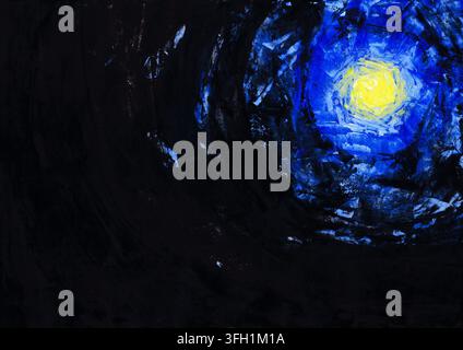 Peinture acrylique d'une lune lumineuse dans un style pictural, illuminant une forêt sombre la nuit. Banque D'Images