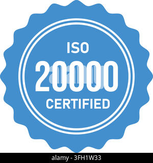 Illustration vectorielle d’un badge de tampon de sceau de certificat de conformité à la norme ISO 20000 Gestion des services TI isolé sur un fond blanc propre Illustration de Vecteur