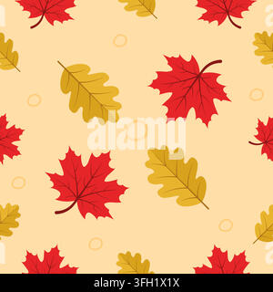 Motif sans couture de feuilles d'automne vibrantes avec érable rouge et feuilles de chêne dorées, illustration vectorielle sur fond beige chaud Illustration de Vecteur