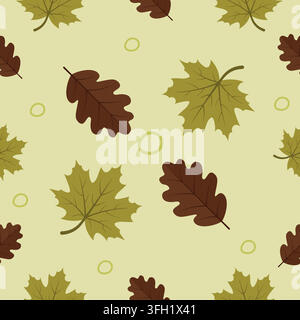 Motif automnal en vert olive et marron atténué sans fin avec feuillage de chêne et d'érable, illustration vectorielle sur fond brun clair Illustration de Vecteur