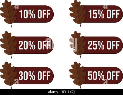 Ensemble d'étiquettes de soldes automnales brun foncé avec des feuilles de chêne brun chocolat et du texte de rabais en pourcentage sur fond blanc, vecteur sur Illustration de Vecteur