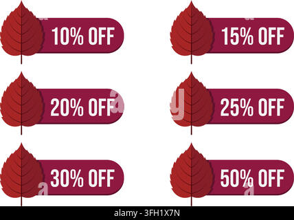 Ensemble de panneaux de réduction en feuilles d'automne rouge bourgogne Bannières promotionnelles de la saison d'automne Illustration vectorielle isolée sur fond blanc Illustration de Vecteur