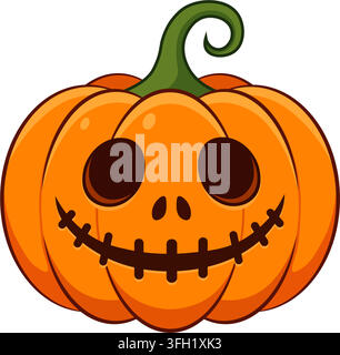Jack O Lantern citrouille d'Halloween mignon avec sourire cousu et tige verte bouclée, isolé sur fond blanc Illustration de Vecteur