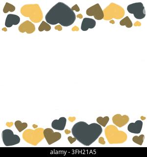 Une bordure en forme de cœur dessinée à la main avec des bandes décoratives en haut et en bas, présentant un mélange animé de grands, moyens et mini cœurs dans un style de trait de pinceau peint Banque D'Images