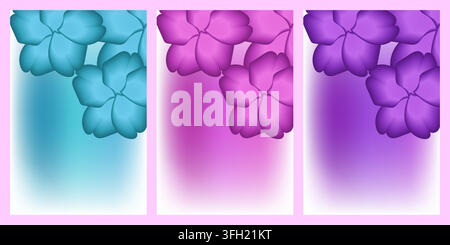Une collection de trois arrière-plans rectangulaires verticaux présentant des motifs floraux stylisés dans des dégradés de couleurs bleues, roses et violettes vibrants Illustration de Vecteur