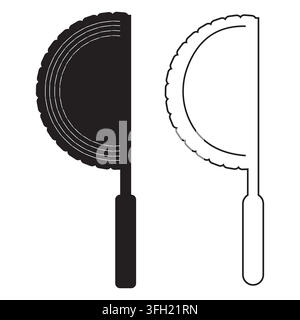 Une illustration vectorielle montrant une version noire pleine et une version en contour blanc d'un éventail semi-circulaire avec un bord festonné décoratif et une poignée. Illustration de Vecteur