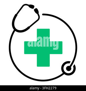 Un logo médical minimaliste présentant une croix verte vibrante centrée dans un cadre circulaire formé par un stéthoscope noir, symbolisant les soins de santé Illustration de Vecteur