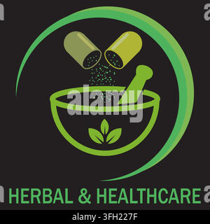 Un design de logo vert représentant une capsule d'herbes ouverte versant de la poudre dans un mortier et un pilon, symbolisant la médecine naturelle et les services de santé. Illustration de Vecteur