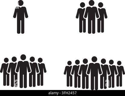 Ensemble de figures humaines noires représentant des membres d'équipe, un leader, une foule, un public, une réunion et une organisation pour la conception d'interfaces utilisateur. Illustration de Vecteur