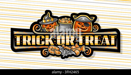 Bannière vectorielle pour Halloween, plaque horizontale noire avec illustration de symboles d'Halloween - 2 citrouilles souriantes, seau à bonbons et Halloween s Illustration de Vecteur
