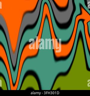 Oeuvre d'art abstrait en gros plan présentant des formes organiques audacieuses en orange, bleu-vert, gris et vert olive bordées de noir. Banque D'Images