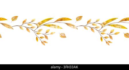 Bordure sans couture dessinée à la main à l'aquarelle avec des feuilles jaunes sèches. Élément automnal Banque D'Images